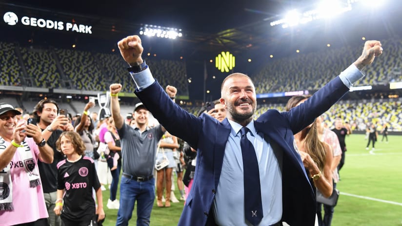 Inter Miami CF co-owner David Beckham celebrates after winning the Leagues Cup against Nashville SC at GEODIS Park