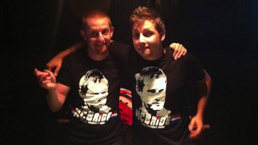 Tom Dunmore and Peter Bychowski model the Brian McBride T-Shirt, part of Section 8's fundraising efforts