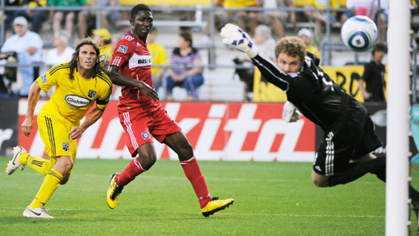 Patrick Nyarko applied pressure on Crew defender Frankie Hejduk, who netted this own goal