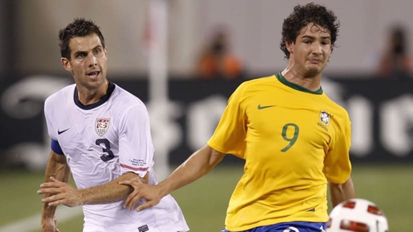 AC Milan sniper Alexandre Pato (right) gave Brazil their second goal in first-half stoppage time
