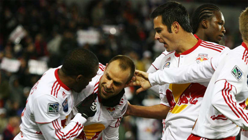 Joel Lindpere (center) celebrates after his first-half goal against Chicago on Saturday at Red Bull Arena.