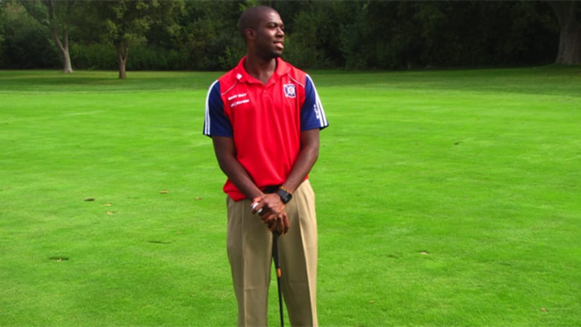 Kwame Watson-Siriboe shows off his pleated golf pants