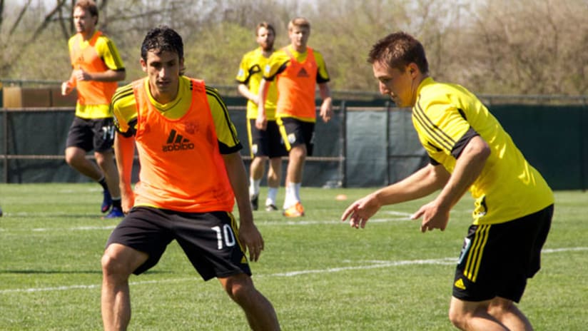 Milovan Mirosevic and Ethan Finlay at training