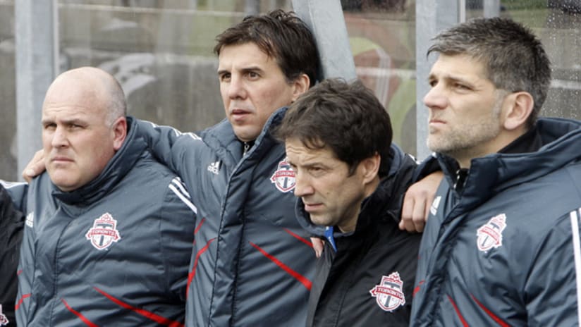 Nick Dasovic (2nd from left) says he's ready to take over Toronto FC after Preki's (2nd from right) dismissal.