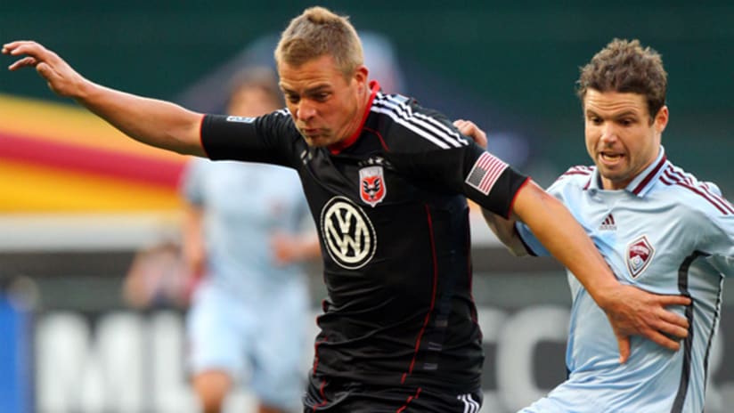 D.C. United's Danny Allsopp (left) battles with Colorado's Drew Moor during the teams' matchup on May 15.