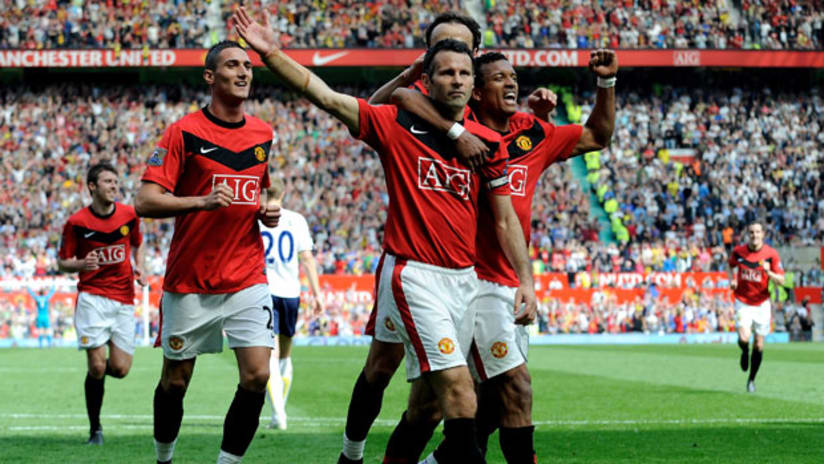 Manchester United's star-studded roster includes Ryan Giggs (center) and Nani (right).