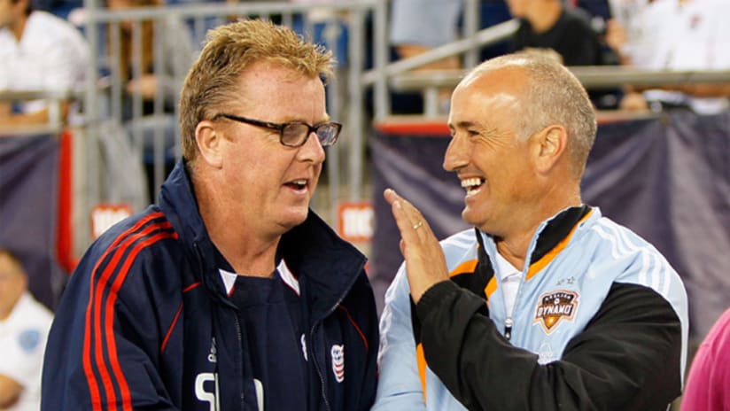 New England's Steve Nicol (left) and Houston's Dominic Kinnear will match wits again on Sunday night at Robertson Stadium.