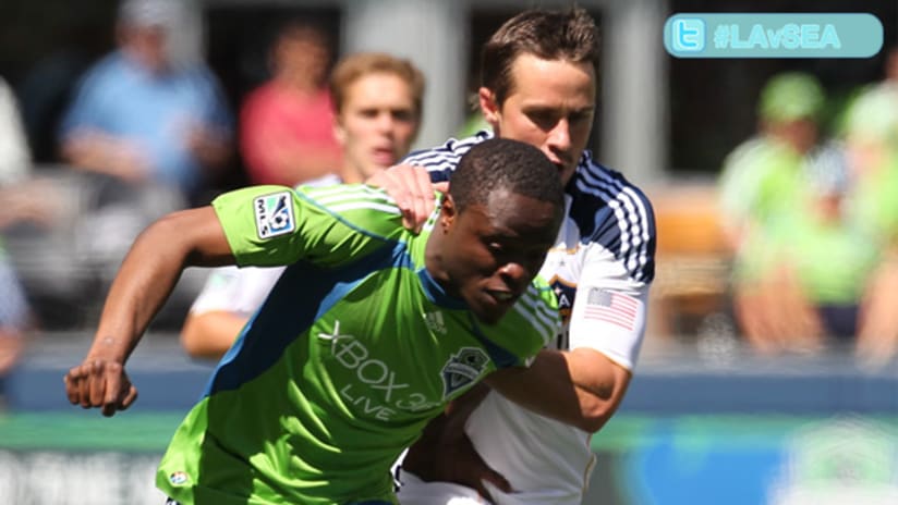 Seattle's Steve Zakuani (left) poses some interesting challenges for the Galaxy in their series opener on Sunday.