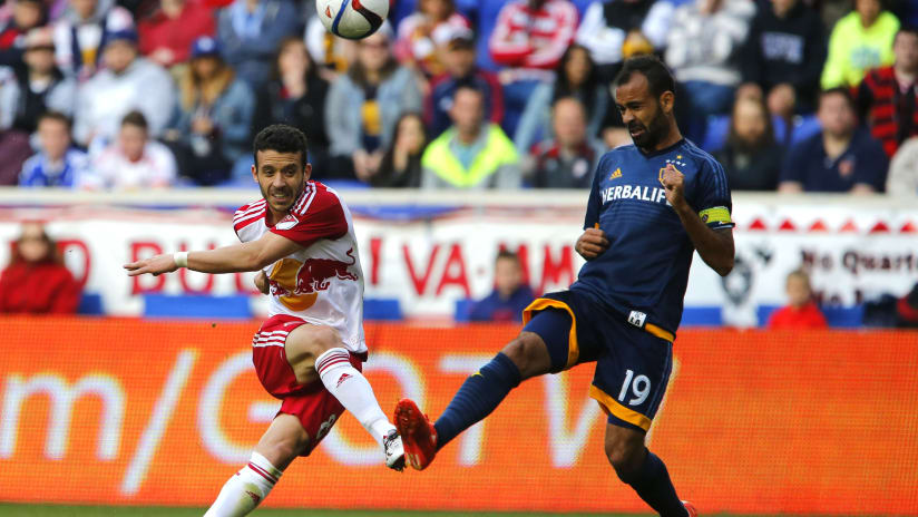 Injury scare for LA Galaxy midfielder Juninho after he suffers a hard challenge against New York Red Bulls -
