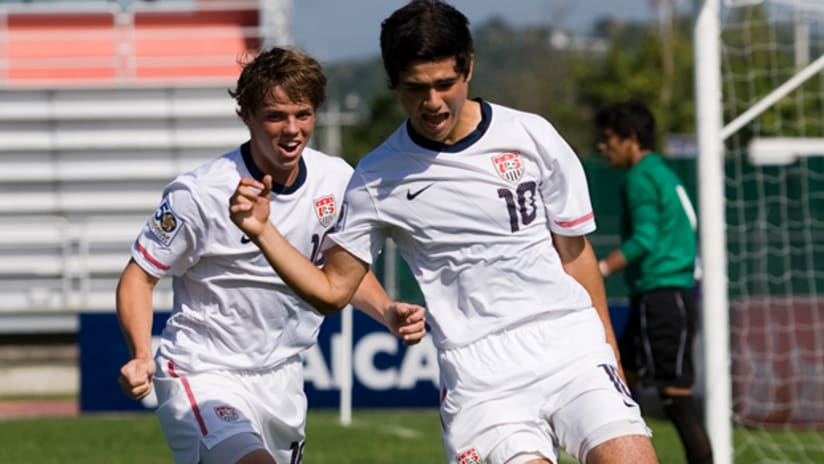Alejandro Guido and Andrew Oliver celebrate during the U-17s 3-2 victory over El Salvador.