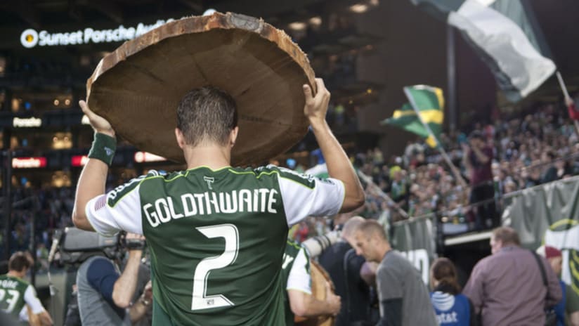 Kevin Goldthwaite with log, Timbers vs. Red Bulls, 6.19.11