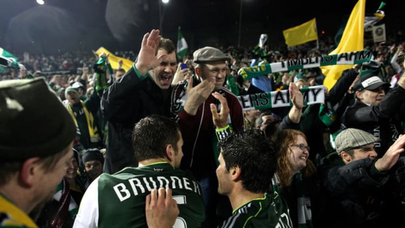 Timbers Army and team celebrate vs. Fire, 4.14.11