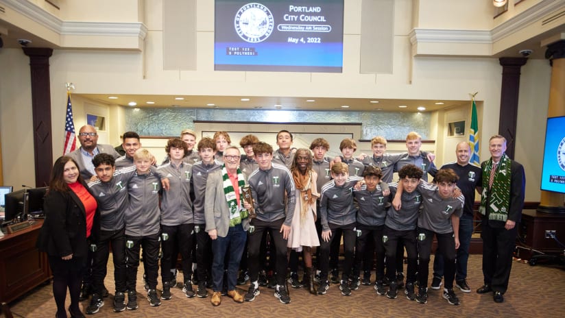 Timbers U15s welcomed to Portland City Hall in honor of Generation adidas Cup victory