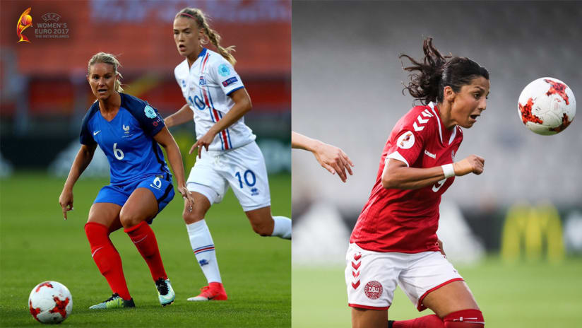 EUROs Game 1; Dagny Brynjarsdottir, Amandine Henry, Nadia Nadim; 7.18.17