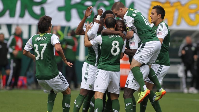 Diego Chara and teammates, Timbers vs. Sounders, 4.5.14