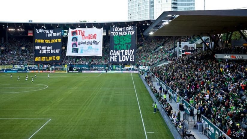 Can't Buy Me Love tifo, Timbers vs. Sounders, 10.13.13