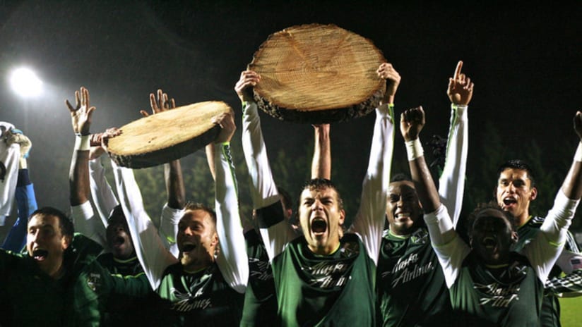 Eric Brunner, team celebrate - Timbers @ Chivas USA, 3.29.11