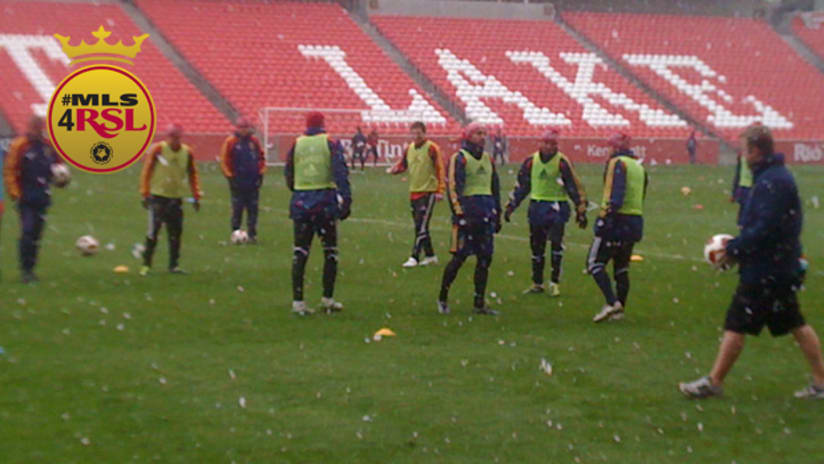 RSL players and staff train in a late-April snow shower ahead of the CCL finals second-leg at Rio Tinto