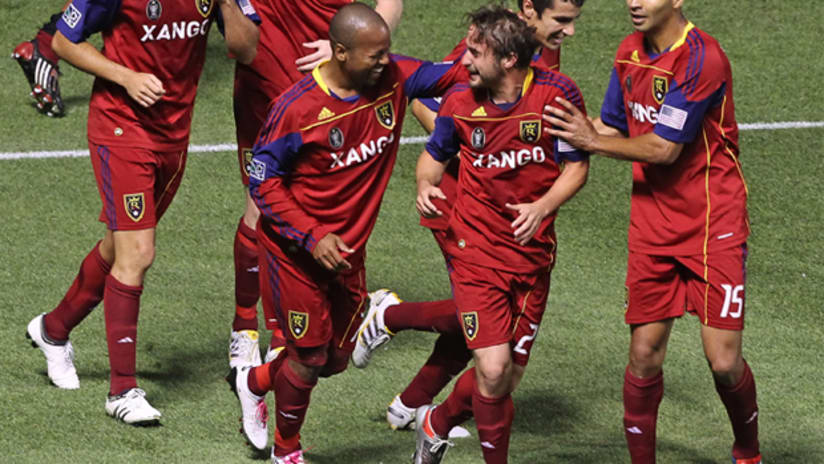 RSL players celebrate an early goal from Ned Grabavoy (center), who won the AT&T Goal of the Week for Matchday 17.