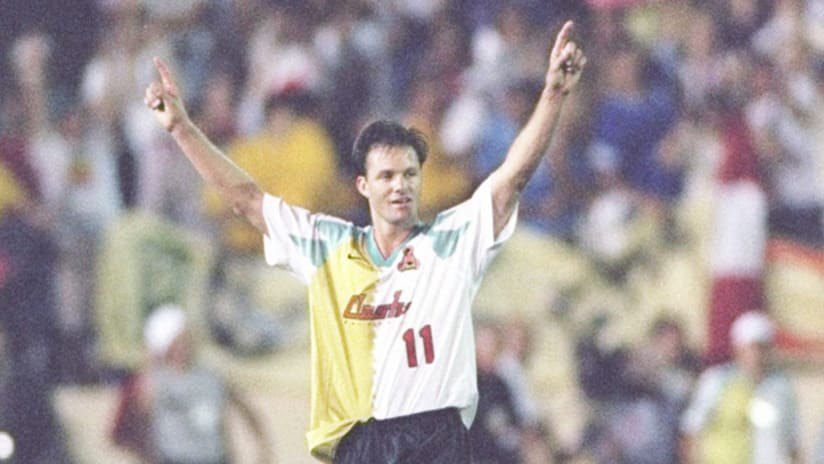 Eric Wynalda celebrates the San Jose Clash's win over D.C. United in the inaugural MLS game on April 6, 1996.