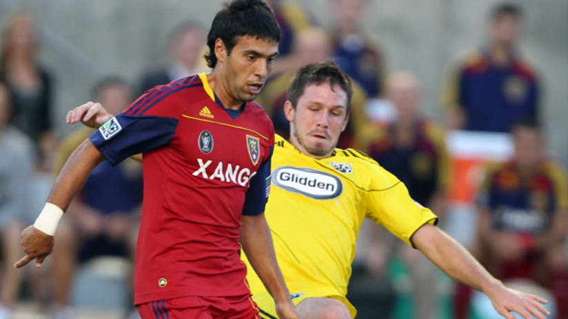 Javier Morales escapes Danny O'Rourke during RSL's victory over Columbus.