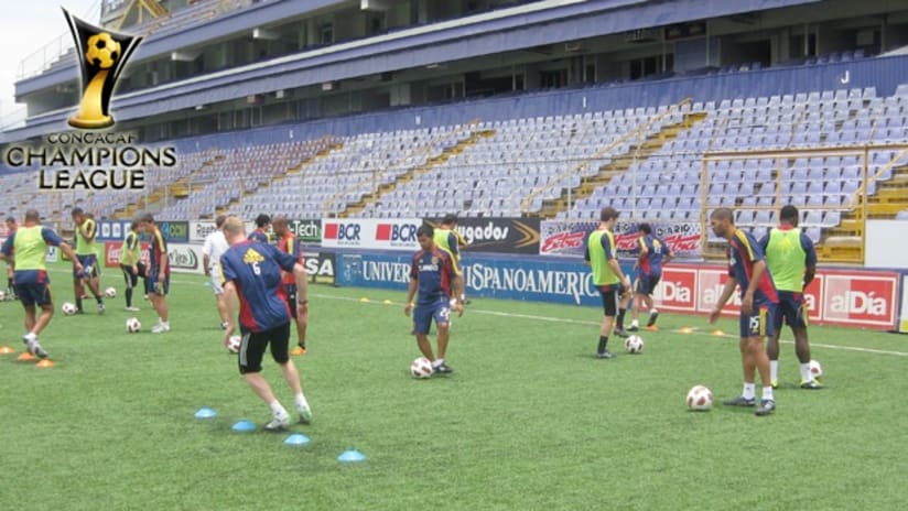 Real Salt Lake's players train on the Ricardo Saprissa artificial surface which was recently installed