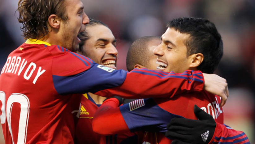 Javier Morales and RSL celebrate against the LA Galaxy.