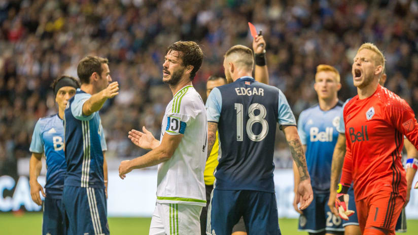 Brad Evans reacts to red card vs. Vancouver