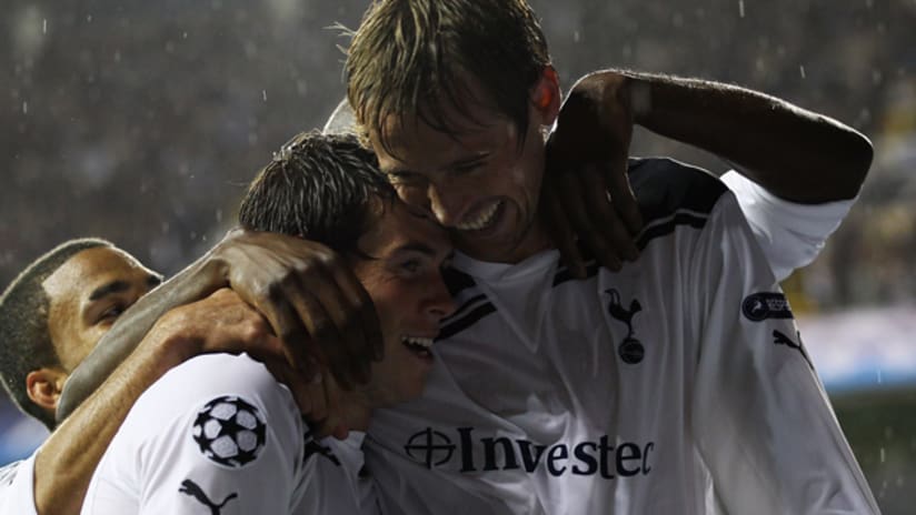 Peter Crouch and Gareth Bale Celebrate Win vs. Young Boys 082510