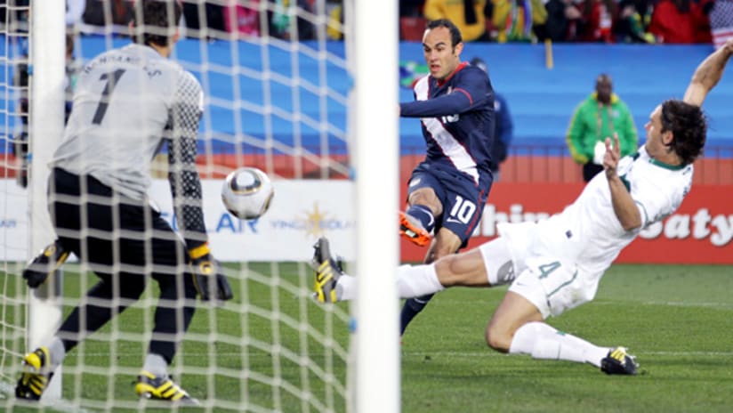 Landon Donovan opens the scoring for the US with an impressive blast past the Slovenian keeper.