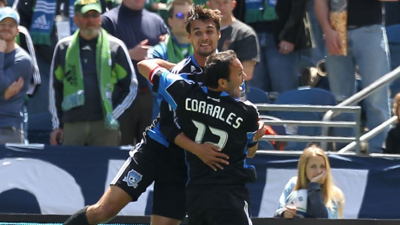 Chris Wondolowski and Ramiro Corrales celebrate winner against Seattle. (DL)