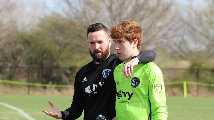 Sporting KC Academy goalkeeper coach Gavin McInerney with player