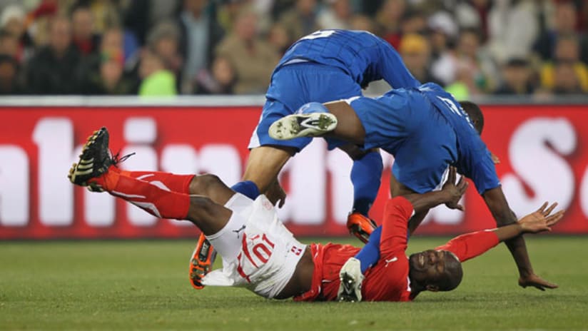 Switzerland's Blaise Nkufo takes a tumble during a scorless draw against Honduras on Friday.