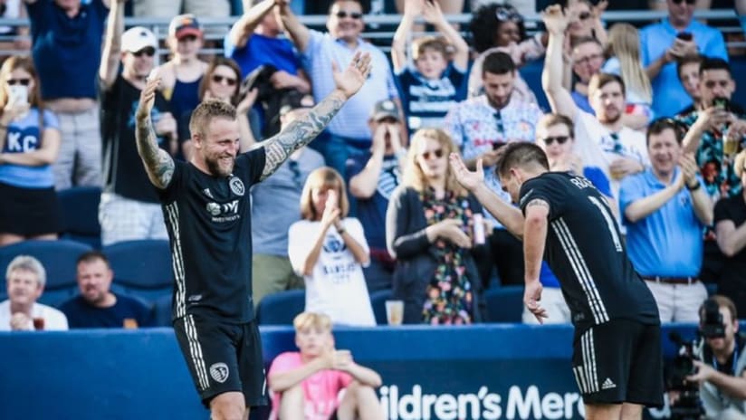 Johnny Russell and Kelyn Rowe celebration 2 - Sporting KC vs. Seattle Sounders FC - May 26, 2019