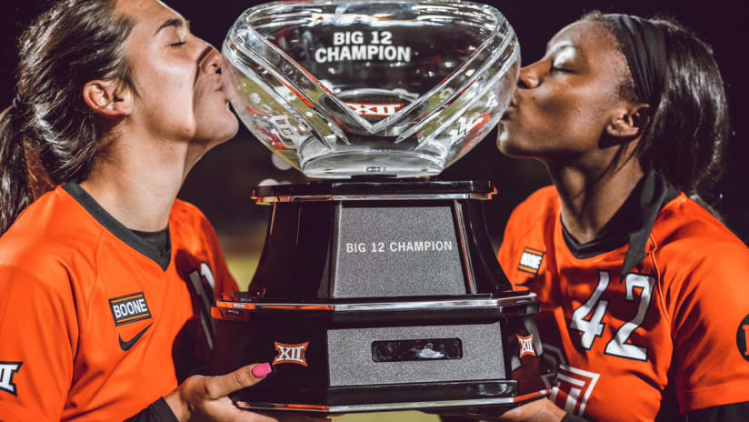 Oklahoma State Women's Soccer trophy kiss - Nov. 1, 2019