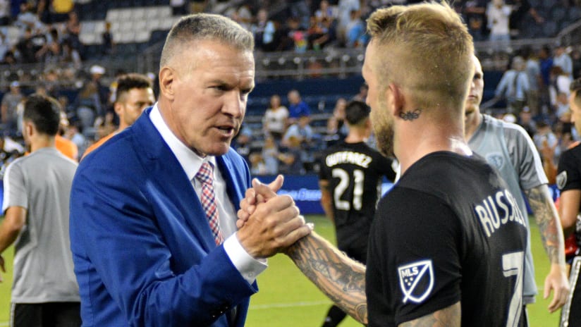Peter Vermes and Johnny Russell handshake - Sporting KC postgame