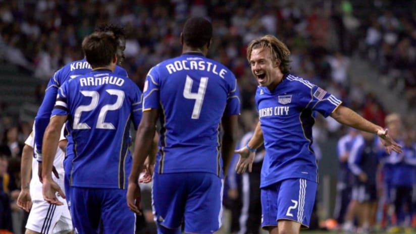 Davy Arnaud and teammates celebrate his 12th minute goal at LA.