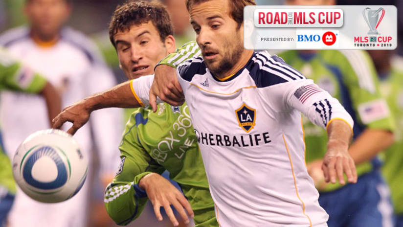 Seattle's Nathan Sturgis and Los Angeles midfielder Mike Magee.