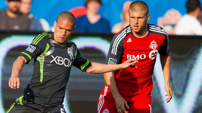 Stevanovic (right) played 71 minutes in his last TFC match before loan recall (Paul Giamou/TorontoFC.ca).