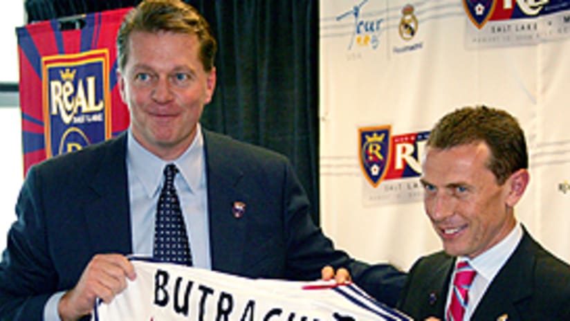 RSL owner David W. Checketts and Real Madrid Vice President of Sport Emilio Butragueno.