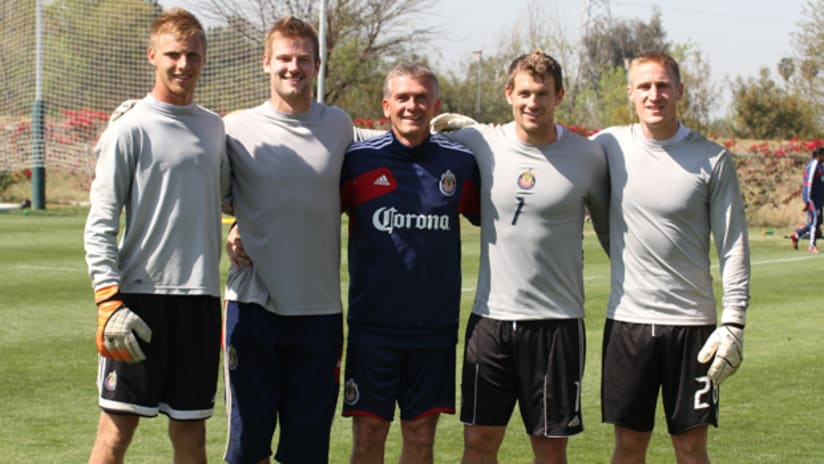 Chivas USA's goalkeeping corps: (L-R) Jake McGuire (academy player), Patrick McLain, Daniel Gonzalez, Dan Kennedy, Tim Melia