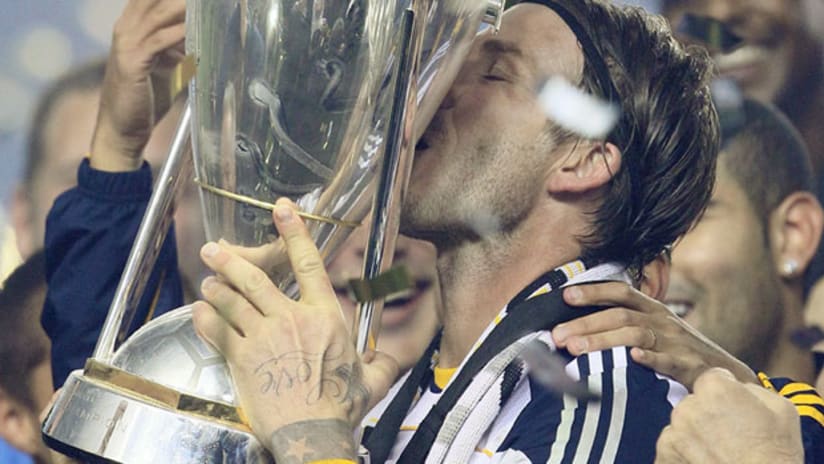 David Beckham kisses the MLS Cup, November 20, 2011.