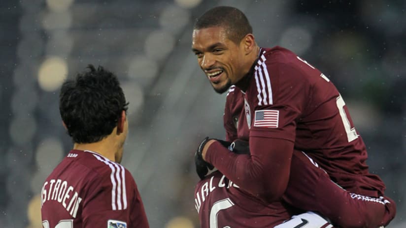 Colorado's Caleb Folan celebrates his second goal during the Rapids' 4-1 win over D.C. United on Sunday.