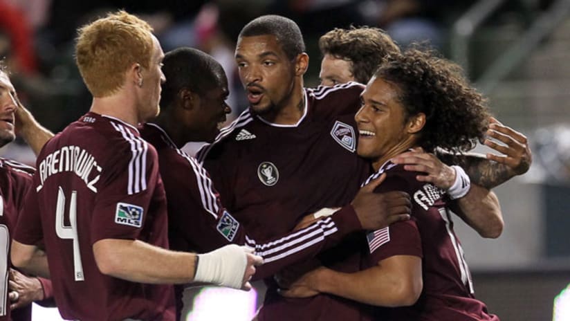 Caleb Folan (center) was paired with Quincy Amarikwa up top for Colorado at Chivas USA.