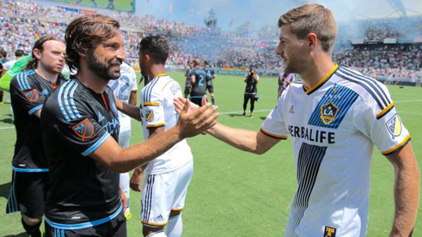 Andrea Pirlo and Steven Gerrard shake hands ahead of the LA Galaxy-NYCFC game