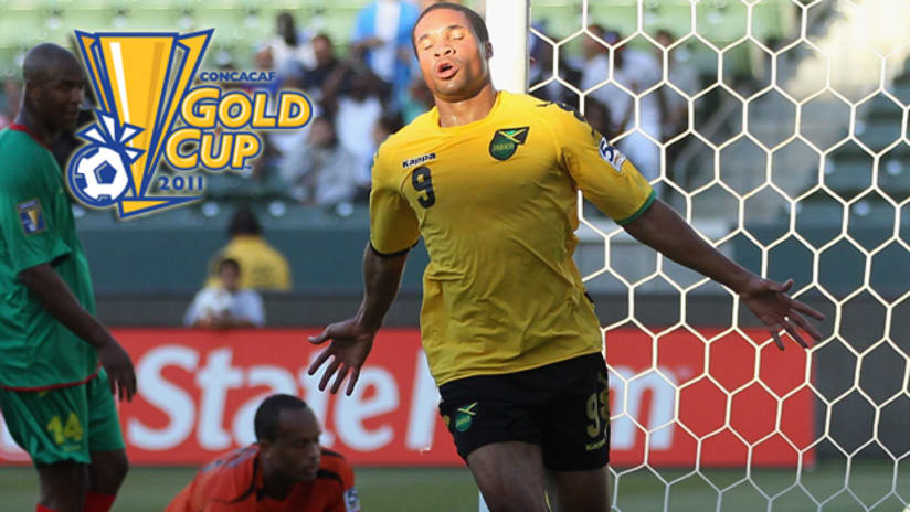 Ryan Johnson of Jamaica celebrates his goal against Grenada