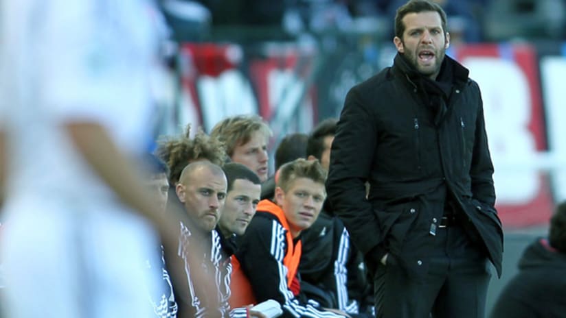 D.C. United head coach Ben Olsen reacts during his team's 3-1 loss to the LA Galaxy.