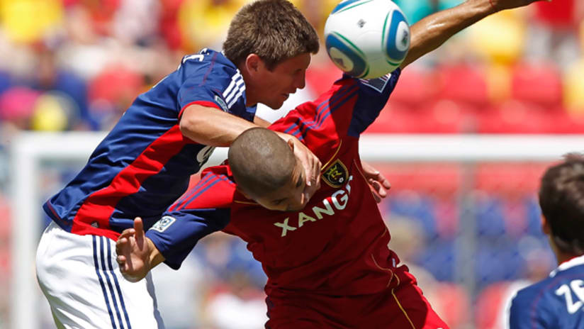 RSL's Alvaro Saborioand Chivas USA's Andrew Boyens battle for a ball on May 7, 2011.