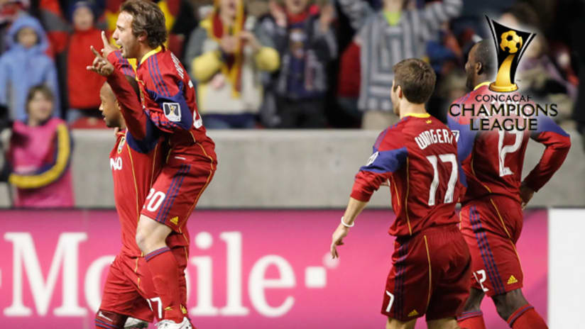 CCL: Andy Williams celebrates his late freekick goal with RSL teammates.