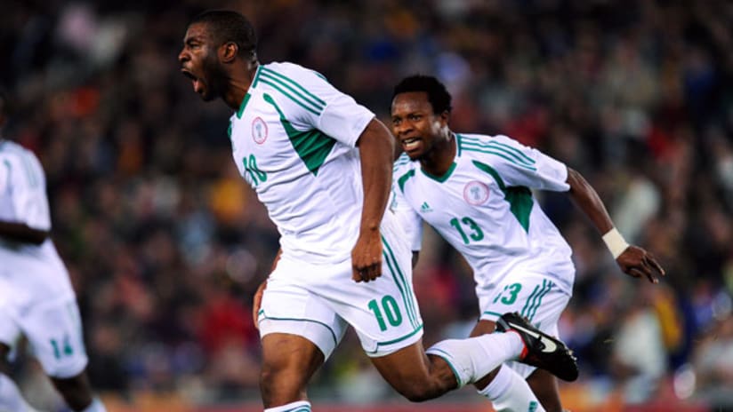Bright Dike celebrates his goal for Nigeria